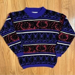 VTG Schrader Knit 80s 90s Knit Metallic Pattern Sweater L Pink Purple Blk Silver